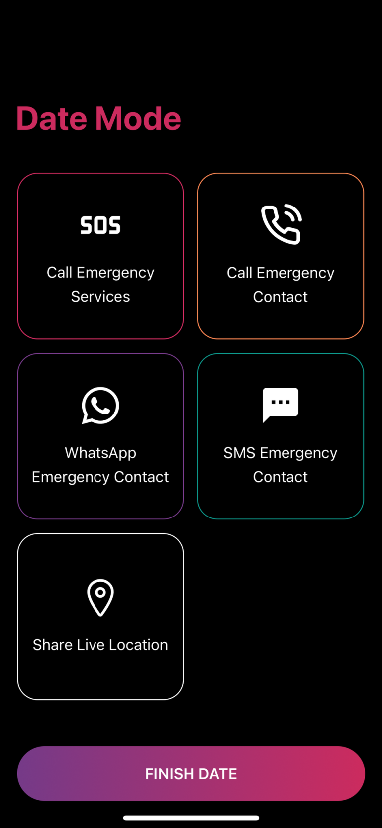 Spyce Date Mode screen with SOS, emergency contact and live location buttons