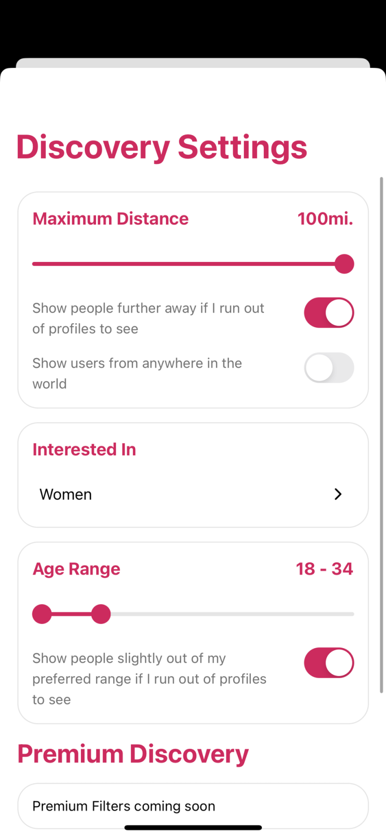Spyce discovery settings with distance and age range filters