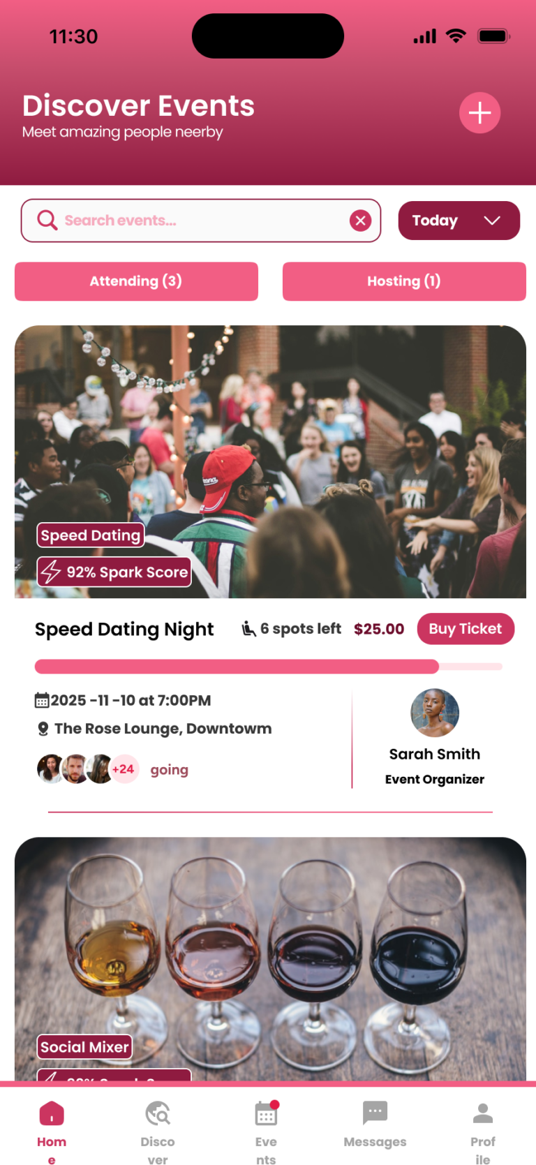 Spyce events screen showing a ticketed speed dating night