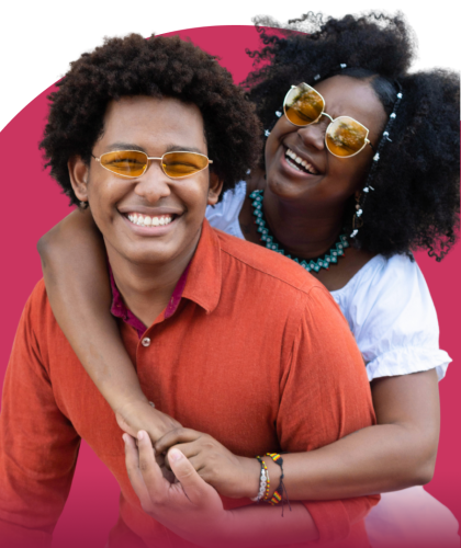 Smiling couple embracing, with the caption “More than a match”